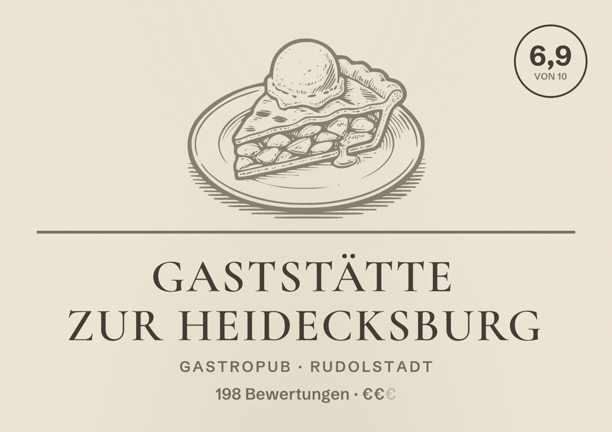 Illustriertes Poster von Gaststätte zur Heidecksburg, Gastropub in Rudolstadt: Bewertung 6,9 von 10 aus 198 Bewertungen, Preisniveau €€