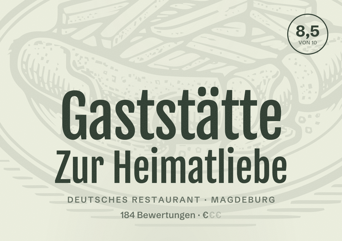 Illustriertes Poster von Gaststätte Zur Heimatliebe, Deutsches Restaurant in Magdeburg: Bewertung 8,5 von 10 aus 184 Bewertungen, Preisniveau €