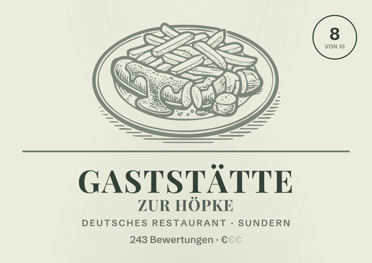 Illustriertes Poster von Gaststätte Zur Höpke, Deutsches Restaurant in Sundern: Bewertung 8 von 10 aus 243 Bewertungen, Preisniveau €