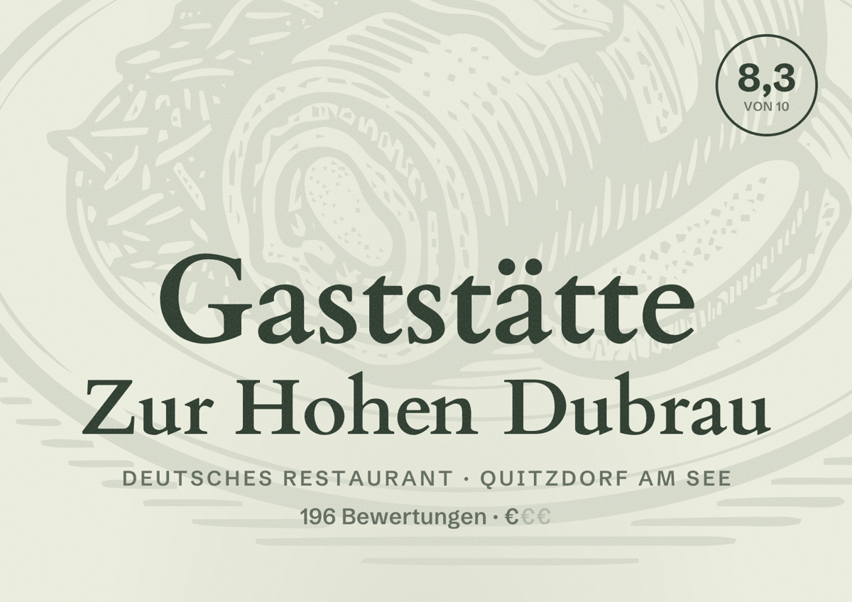 Illustriertes Poster von Gaststätte Zur Hohen Dubrau, Deutsches Restaurant in Quitzdorf am See: Bewertung 8,3 von 10 aus 196 Bewertungen, Preisniveau €