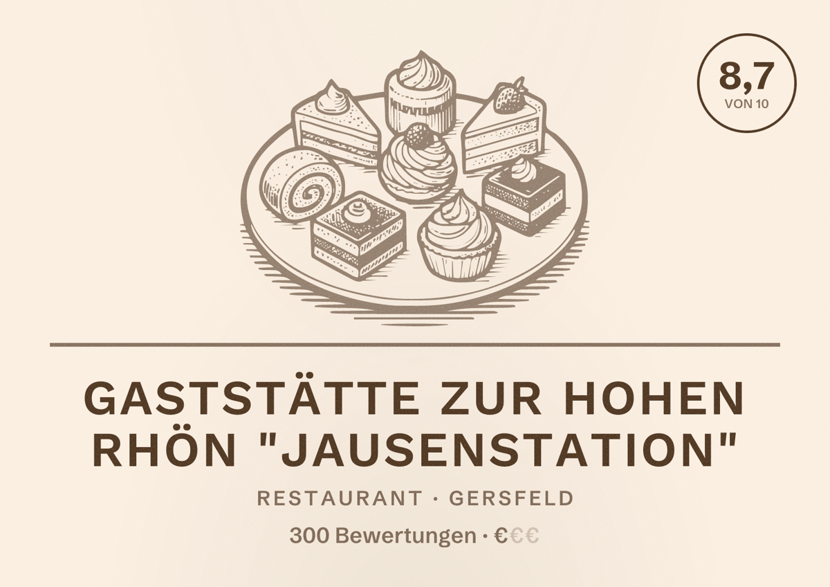 Illustriertes Poster von Gaststätte Zur Hohen Rhön "Jausenstation", Restaurant in Gersfeld: Bewertung 8,7 von 10 aus 300 Bewertungen, Preisniveau €