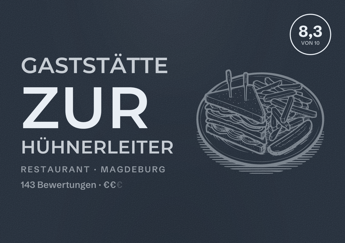 Illustriertes Poster von Gaststätte zur Hühnerleiter, Restaurant in Magdeburg: Bewertung 8,3 von 10 aus 143 Bewertungen, Preisniveau €€