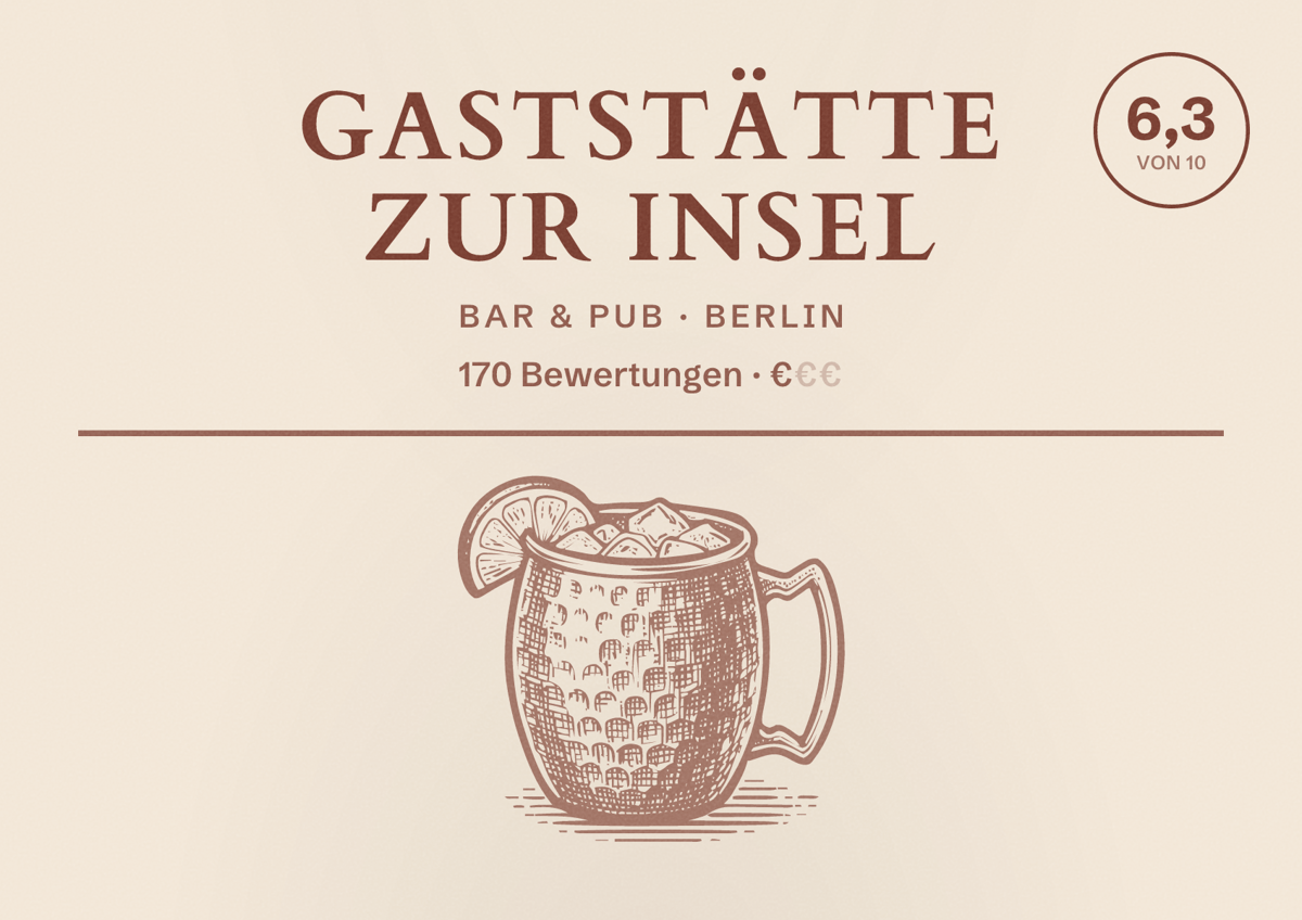 Illustriertes Poster von Gaststätte Zur Insel, Bar & Pub in Berlin: Bewertung 6,3 von 10 aus 170 Bewertungen, Preisniveau €