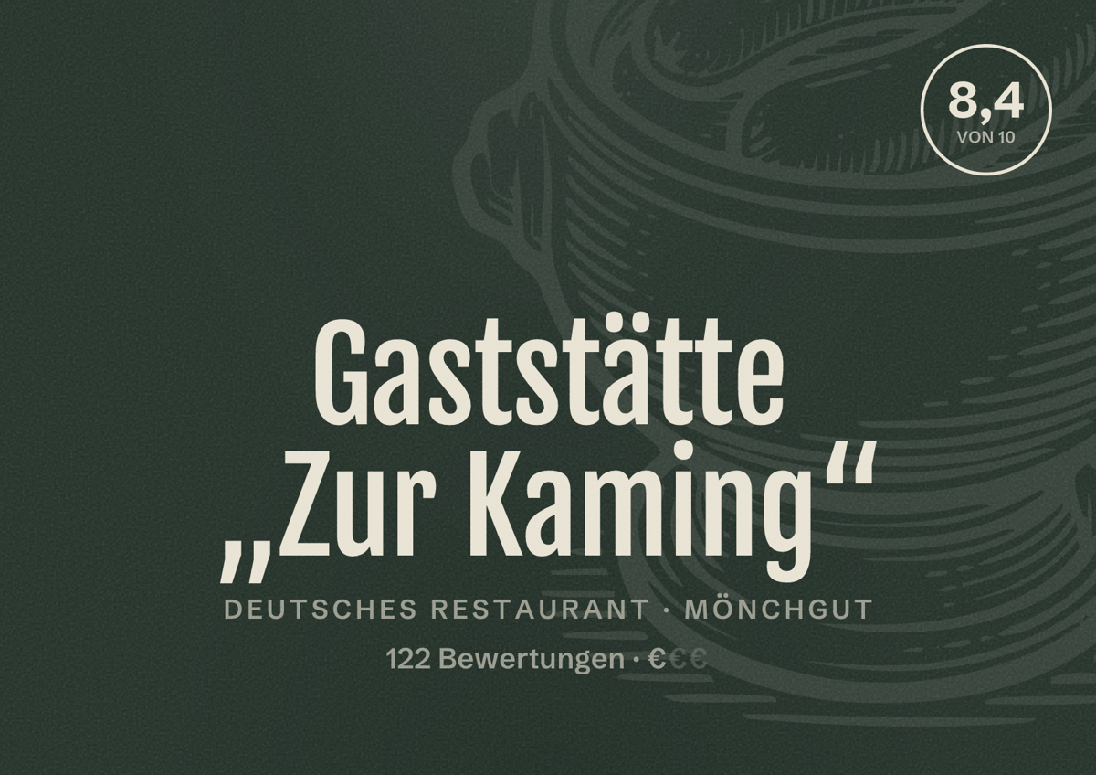 Illustriertes Poster von Gaststätte „Zur Kaming“, Deutsches Restaurant in Mönchgut: Bewertung 8,4 von 10 aus 122 Bewertungen, Preisniveau €