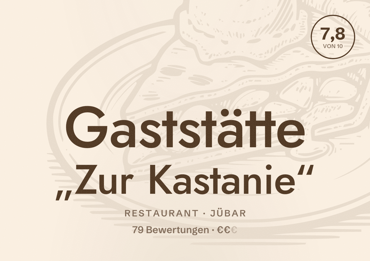 Illustriertes Poster von Gaststätte „Zur Kastanie“, Restaurant in Jübar: Bewertung 7,8 von 10 aus 79 Bewertungen, Preisniveau €€