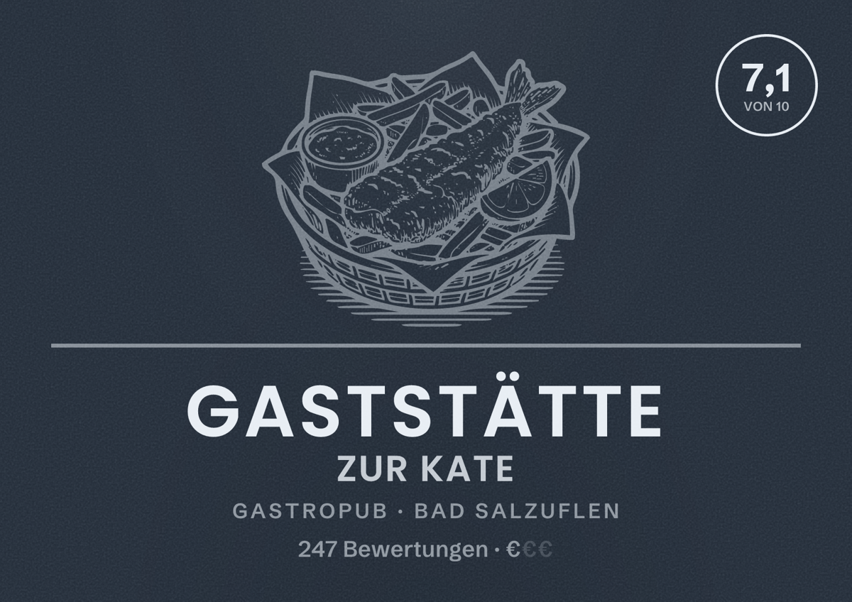 Illustriertes Poster von Gaststätte Zur Kate, Gastropub in Bad Salzuflen: Bewertung 7,1 von 10 aus 247 Bewertungen, Preisniveau €