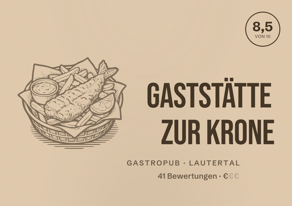 Illustriertes Poster von Gaststätte Zur Krone, Gastropub in Lautertal: Bewertung 8,5 von 10 aus 41 Bewertungen, Preisniveau €