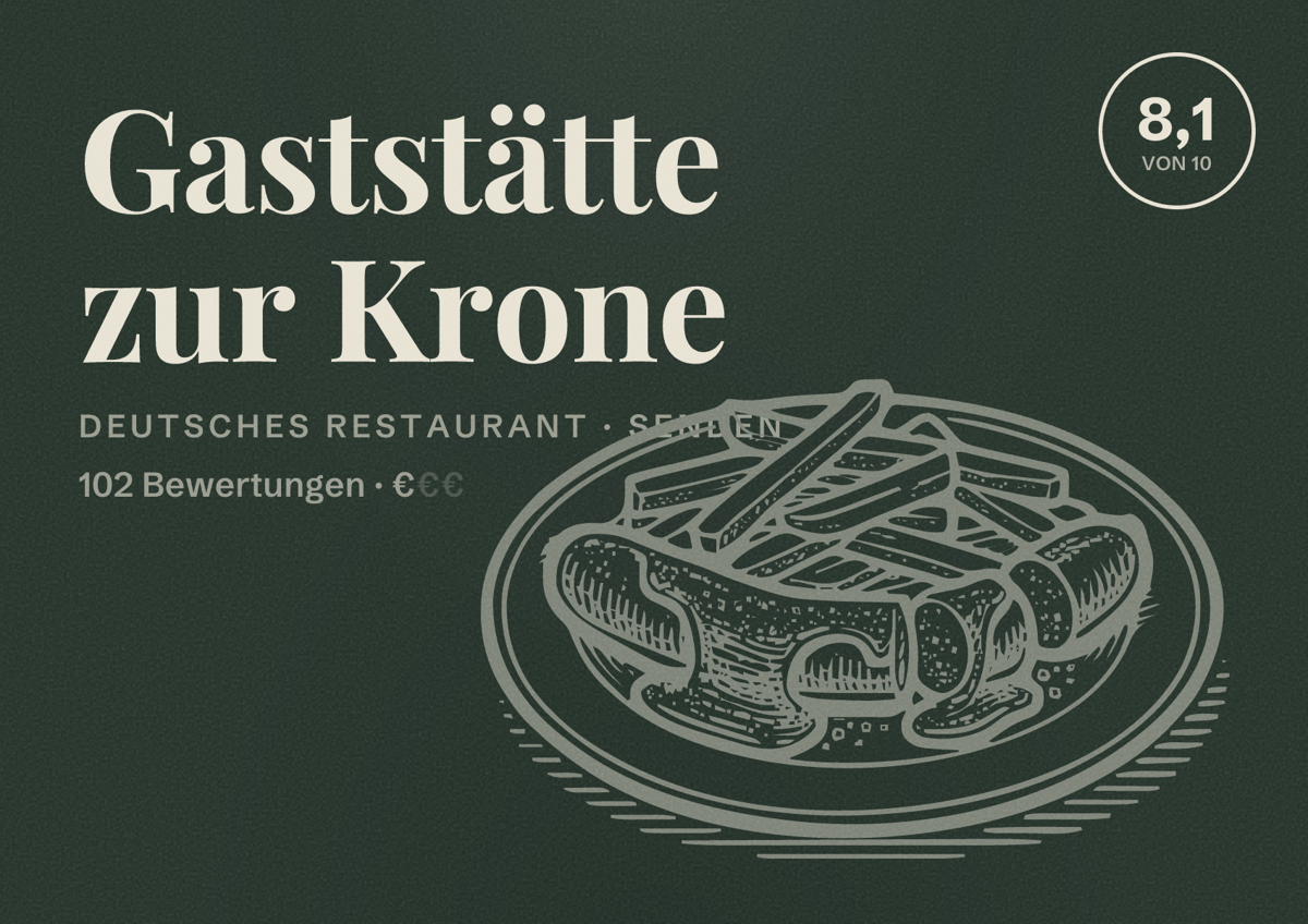 Illustriertes Poster von Gaststätte zur Krone, Deutsches Restaurant in Senden: Bewertung 8,1 von 10 aus 102 Bewertungen, Preisniveau €