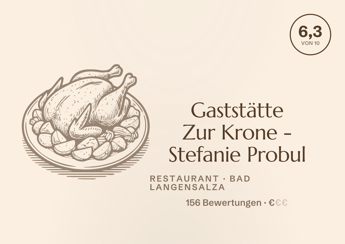 Illustriertes Poster von Gaststätte Zur Krone - Stefanie Probul, Restaurant in Bad Langensalza: Bewertung 6,3 von 10 aus 156 Bewertungen, Preisniveau €