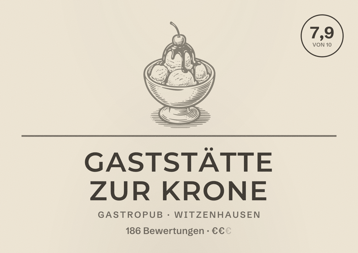 Illustriertes Poster von Gaststätte Zur Krone, Gastropub in Witzenhausen: Bewertung 7,9 von 10 aus 186 Bewertungen, Preisniveau €€