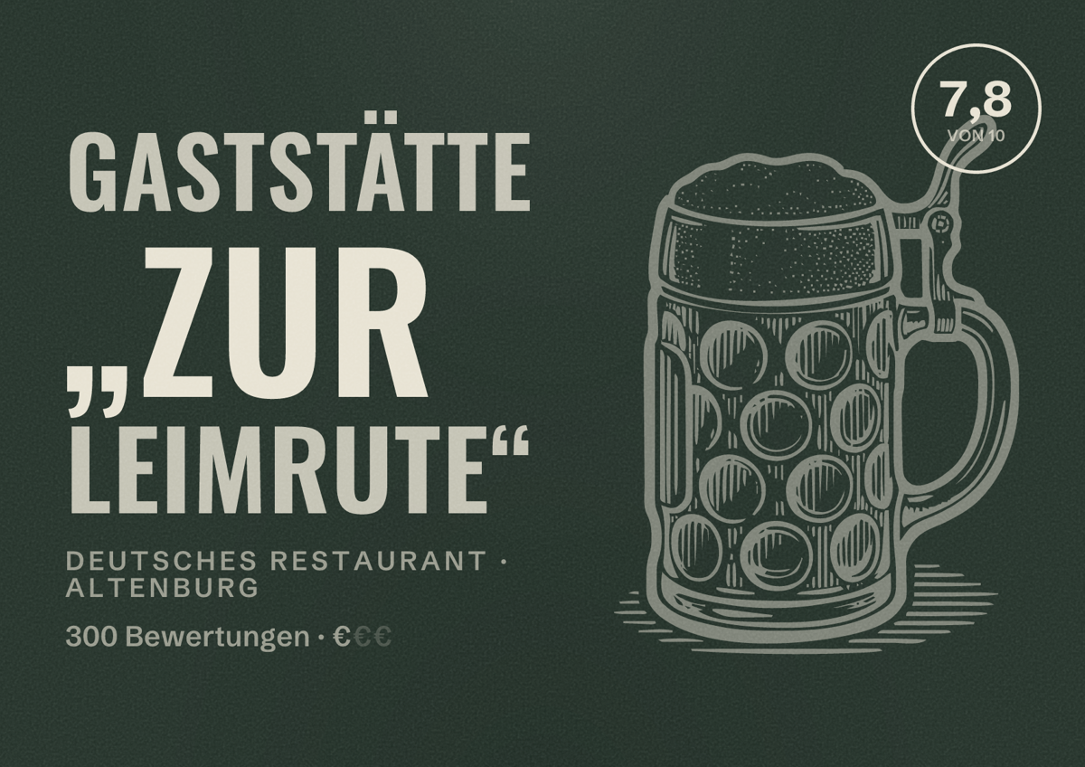 Illustriertes Poster von Gaststätte „Zur Leimrute“, Deutsches Restaurant in Altenburg: Bewertung 7,8 von 10 aus 300 Bewertungen, Preisniveau €