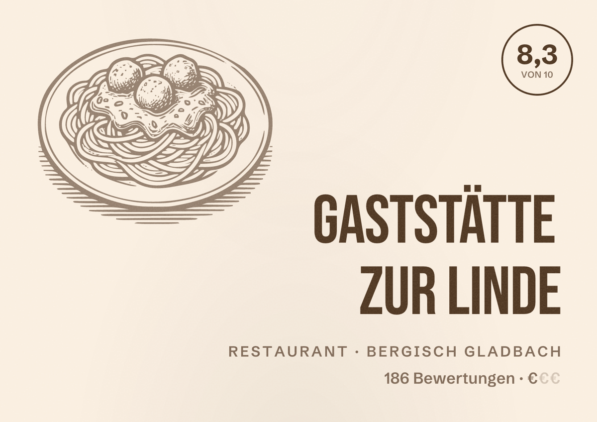 Illustriertes Poster von Gaststätte Zur Linde, Restaurant in Bergisch Gladbach: Bewertung 8,3 von 10 aus 186 Bewertungen, Preisniveau €