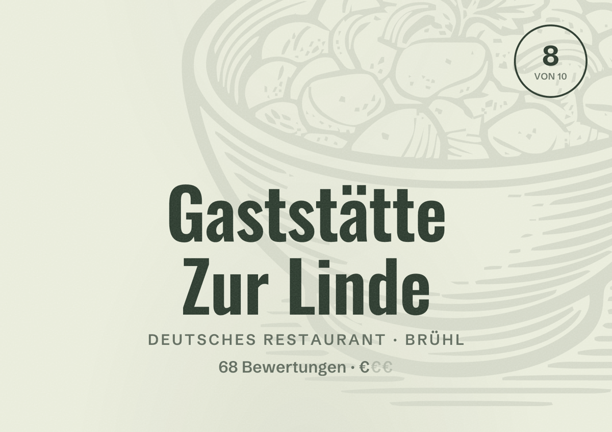 Illustriertes Poster von Gaststätte Zur Linde, Deutsches Restaurant in Brühl: Bewertung 8 von 10 aus 68 Bewertungen, Preisniveau €