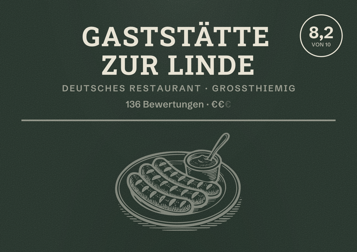 Illustriertes Poster von Gaststätte Zur Linde, Deutsches Restaurant in Großthiemig: Bewertung 8,2 von 10 aus 136 Bewertungen, Preisniveau €€