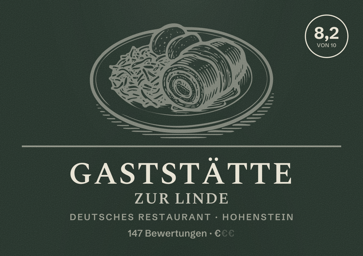 Illustriertes Poster von Gaststätte Zur Linde, Deutsches Restaurant in Hohenstein: Bewertung 8,2 von 10 aus 147 Bewertungen, Preisniveau €