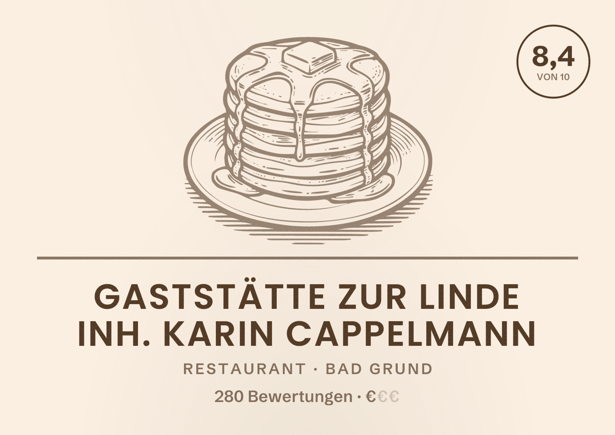 Illustriertes Poster von Gaststätte zur Linde Inh. Karin Cappelmann, Restaurant in Bad Grund: Bewertung 8,4 von 10 aus 280 Bewertungen, Preisniveau €