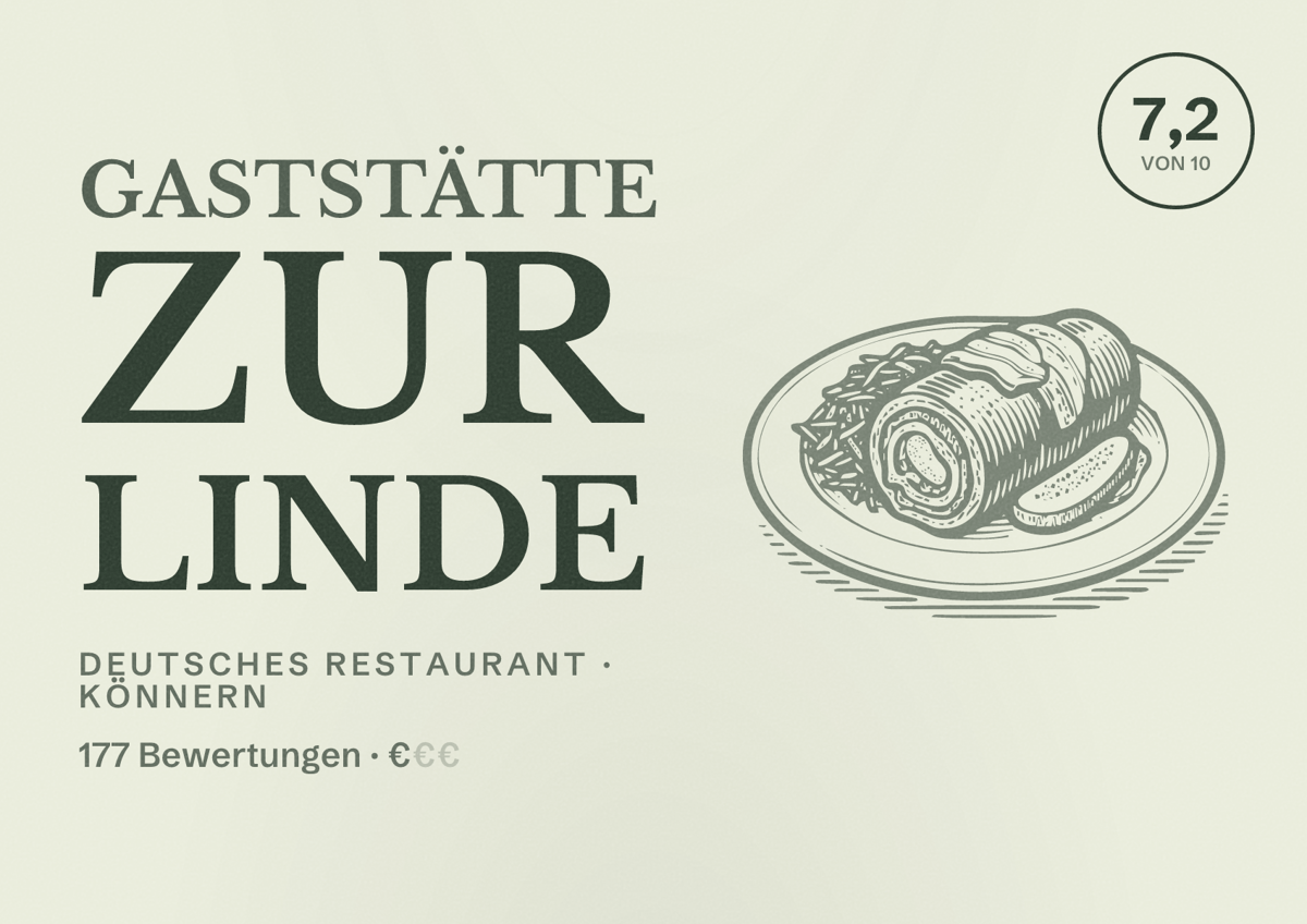 Illustriertes Poster von Gaststätte Zur Linde, Deutsches Restaurant in Könnern: Bewertung 7,2 von 10 aus 177 Bewertungen, Preisniveau €