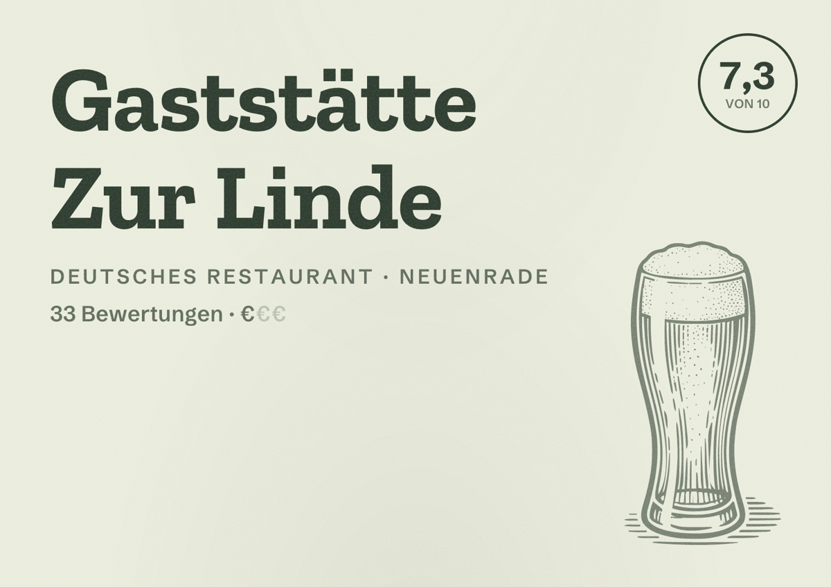Illustriertes Poster von Gaststätte Zur Linde, Deutsches Restaurant in Neuenrade: Bewertung 7,3 von 10 aus 33 Bewertungen, Preisniveau €