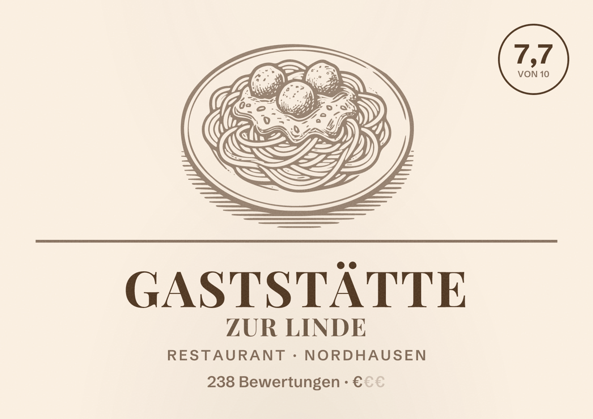 Illustriertes Poster von Gaststätte Zur Linde, Restaurant in Nordhausen: Bewertung 7,7 von 10 aus 238 Bewertungen, Preisniveau €