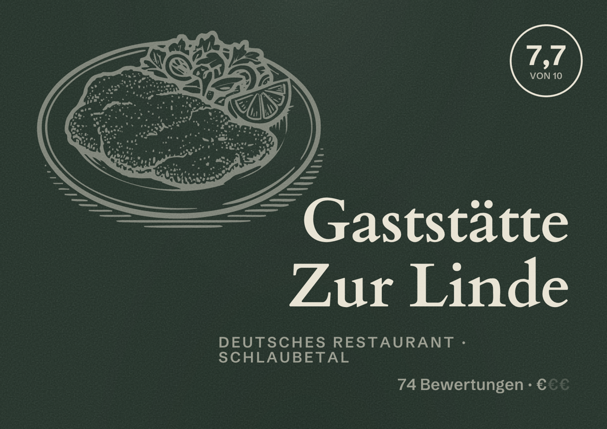 Illustriertes Poster von Gaststätte Zur Linde, Deutsches Restaurant in Schlaubetal: Bewertung 7,7 von 10 aus 74 Bewertungen, Preisniveau €