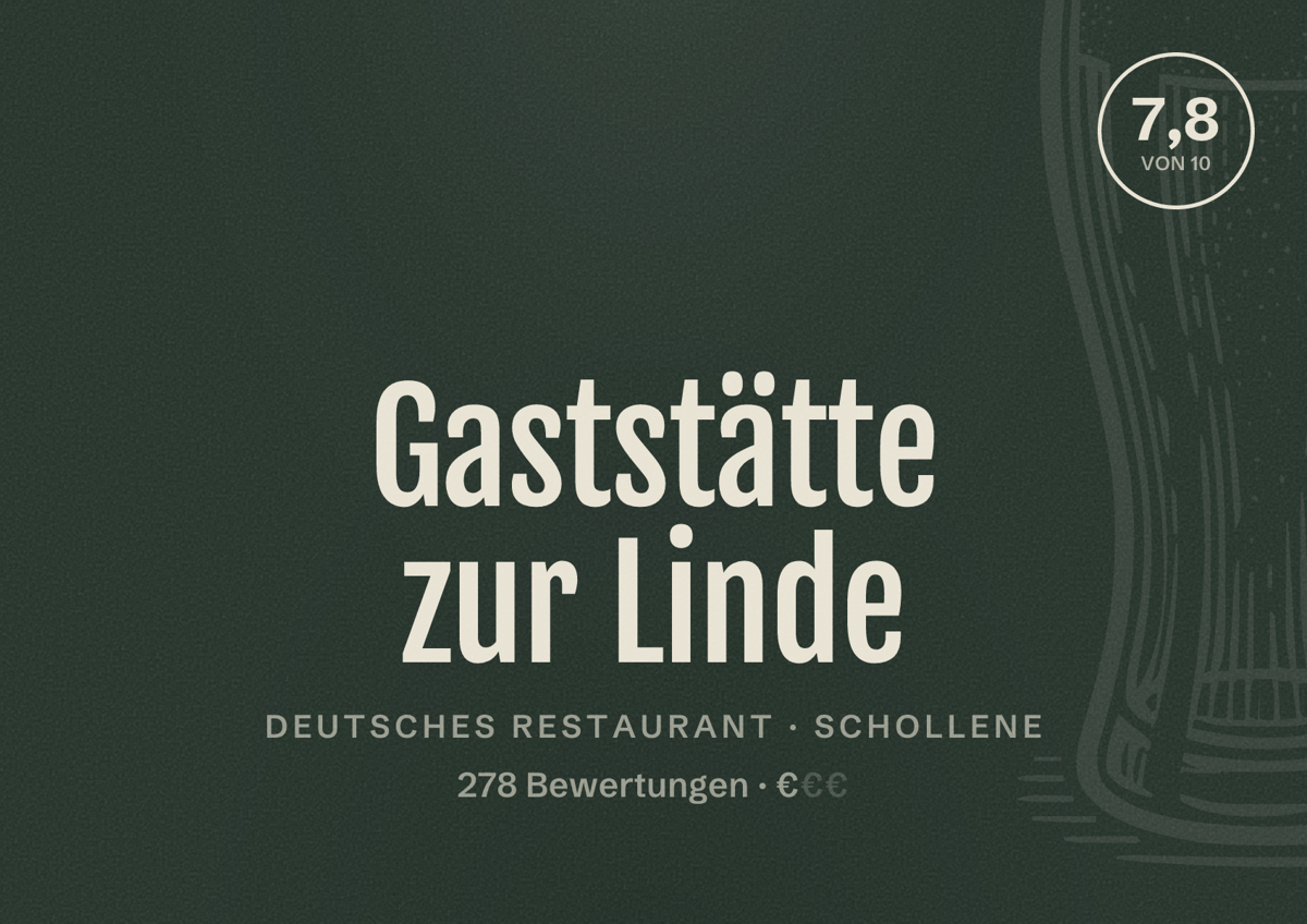 Illustriertes Poster von Gaststätte zur Linde, Deutsches Restaurant in Schollene: Bewertung 7,8 von 10 aus 278 Bewertungen, Preisniveau €