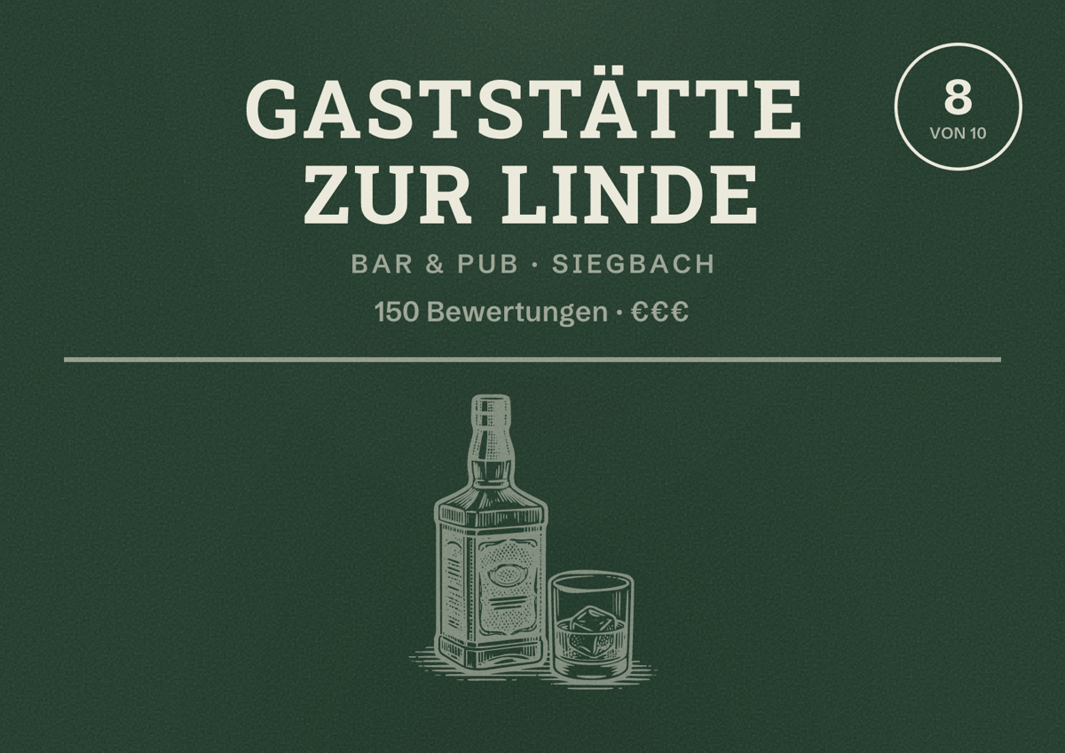 Illustriertes Poster von Gaststätte Zur Linde, Bar & Pub in Siegbach: Bewertung 8 von 10 aus 150 Bewertungen, Preisniveau €€€