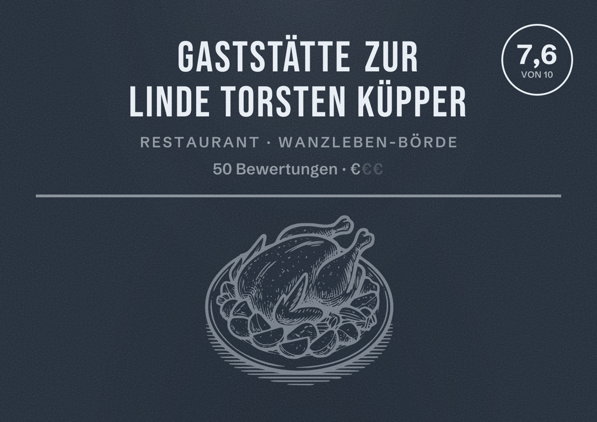 Illustriertes Poster von Gaststätte Zur Linde Torsten Küpper, Restaurant in Wanzleben-Börde: Bewertung 7,6 von 10 aus 50 Bewertungen, Preisniveau €