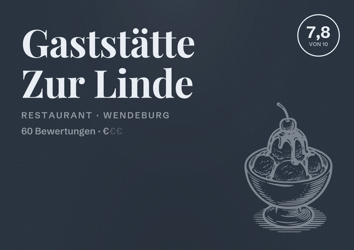 Illustriertes Poster von Gaststätte Zur Linde, Restaurant in Wendeburg: Bewertung 7,8 von 10 aus 60 Bewertungen, Preisniveau €