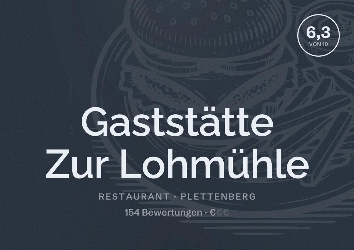 Illustriertes Poster von Gaststätte Zur Lohmühle, Restaurant in Plettenberg: Bewertung 6,3 von 10 aus 154 Bewertungen, Preisniveau €