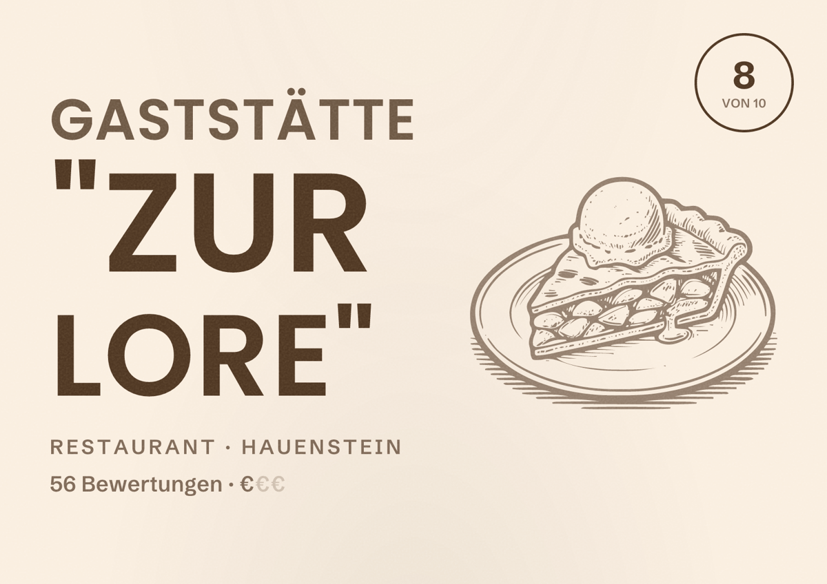 Illustriertes Poster von Gaststätte "Zur Lore", Restaurant in Hauenstein: Bewertung 8 von 10 aus 56 Bewertungen, Preisniveau €
