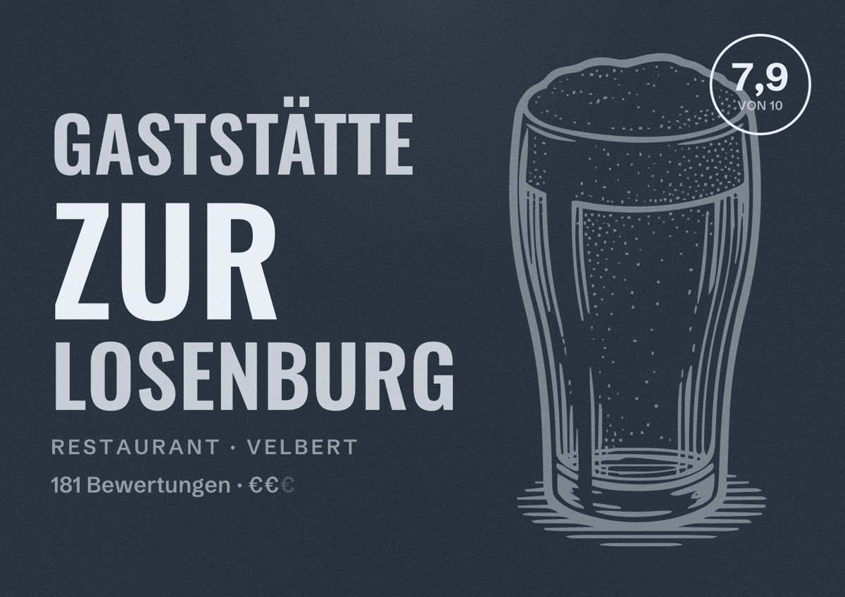 Illustriertes Poster von Gaststätte zur Losenburg, Restaurant in Velbert: Bewertung 7,9 von 10 aus 181 Bewertungen, Preisniveau €€