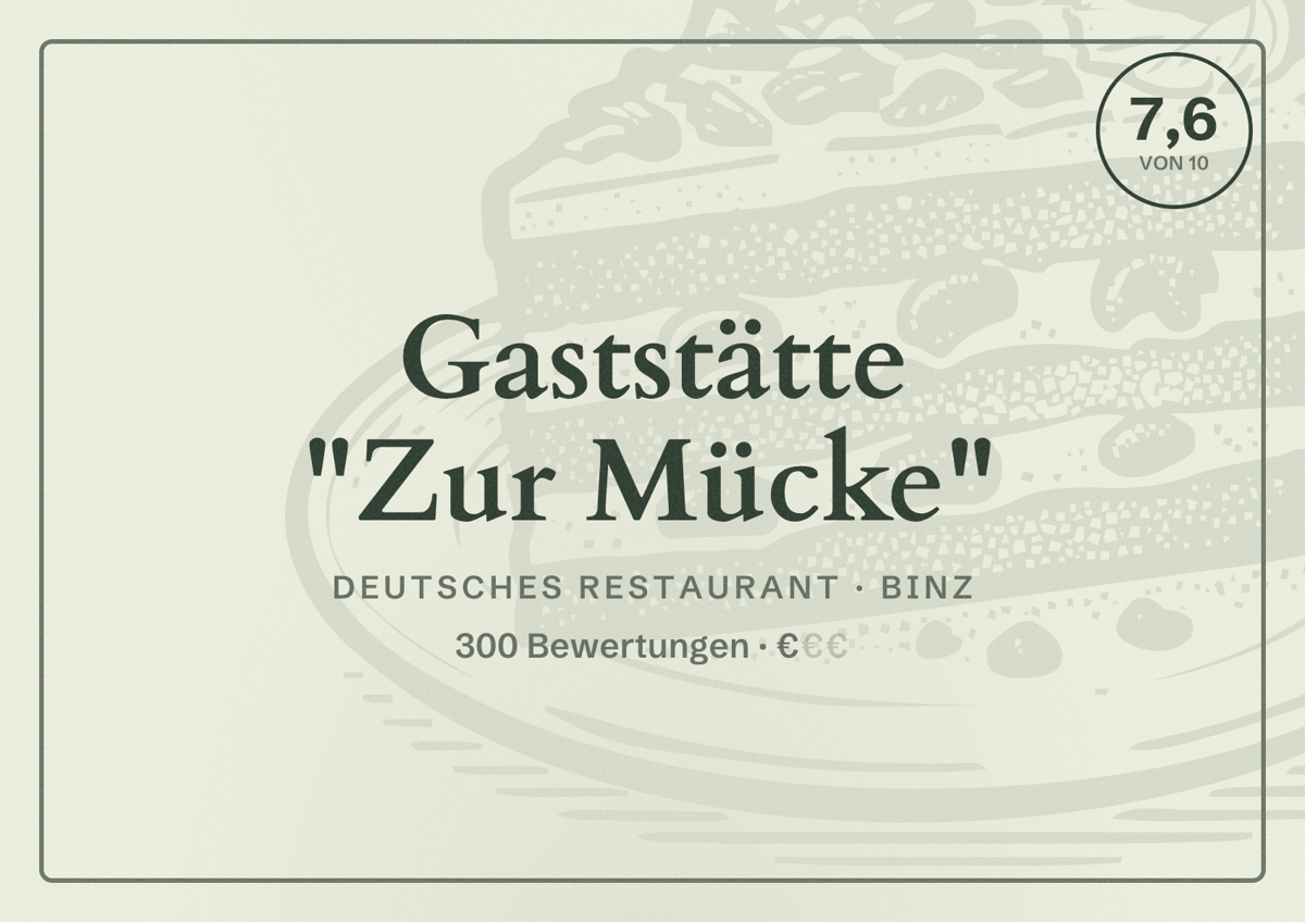 Illustriertes Poster von Gaststätte "Zur Mücke", Deutsches Restaurant in Binz: Bewertung 7,6 von 10 aus 300 Bewertungen, Preisniveau €