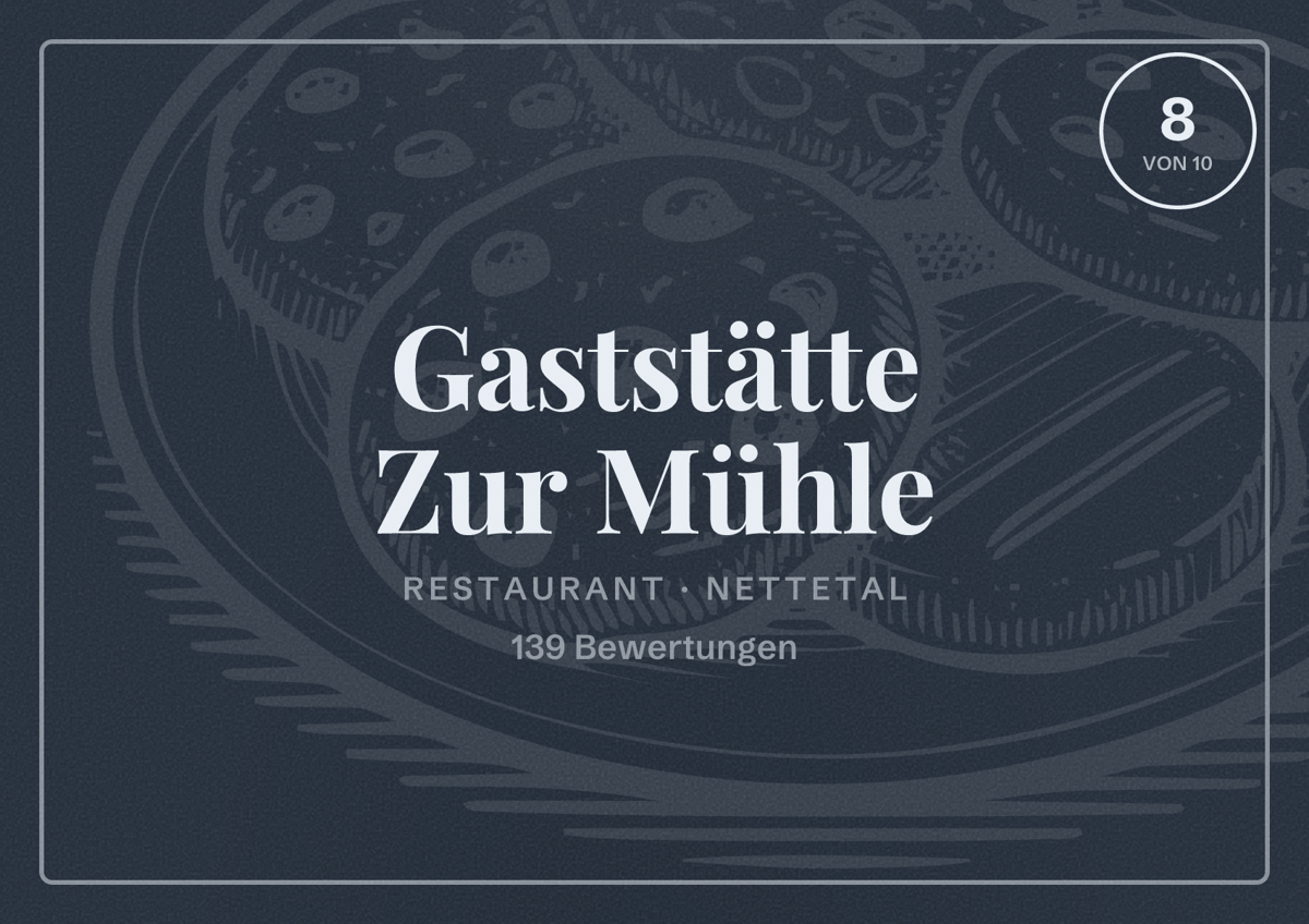 Illustriertes Poster von Gaststätte Zur Mühle, Restaurant in Nettetal: Bewertung 8 von 10 aus 139 Bewertungen
