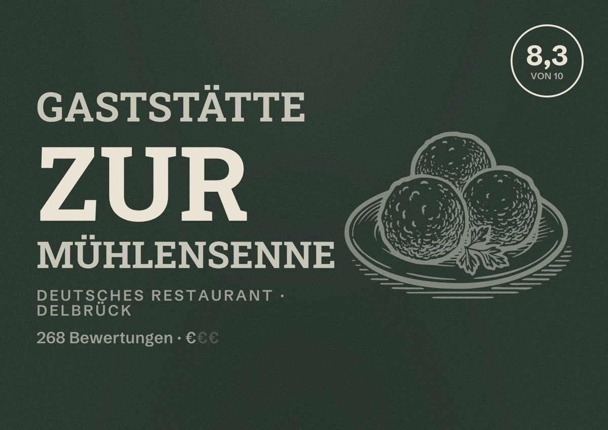Illustriertes Poster von Gaststätte Zur Mühlensenne, Deutsches Restaurant in Delbrück: Bewertung 8,3 von 10 aus 268 Bewertungen, Preisniveau €
