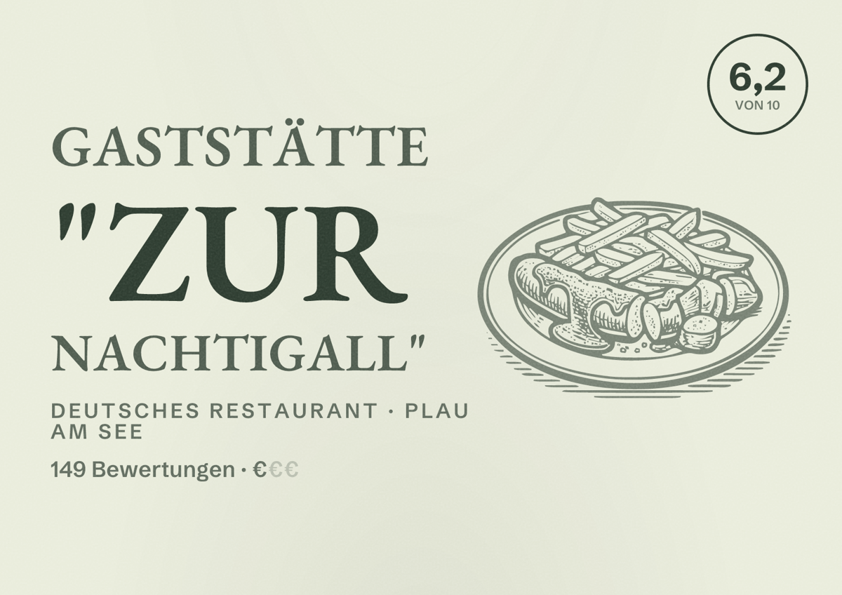 Illustriertes Poster von Gaststätte "Zur Nachtigall", Deutsches Restaurant in Plau am See: Bewertung 6,2 von 10 aus 149 Bewertungen, Preisniveau €