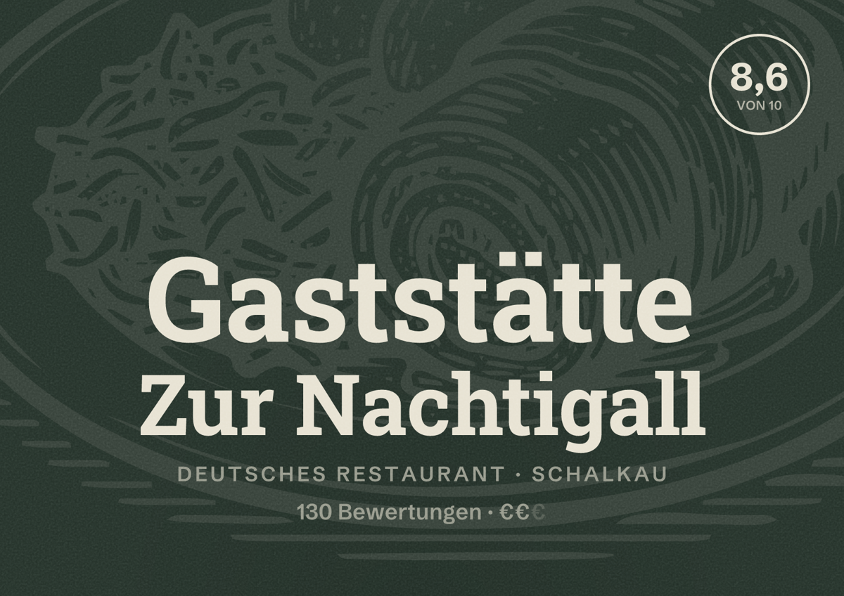 Illustriertes Poster von Gaststätte Zur Nachtigall, Deutsches Restaurant in Schalkau: Bewertung 8,6 von 10 aus 130 Bewertungen, Preisniveau €€