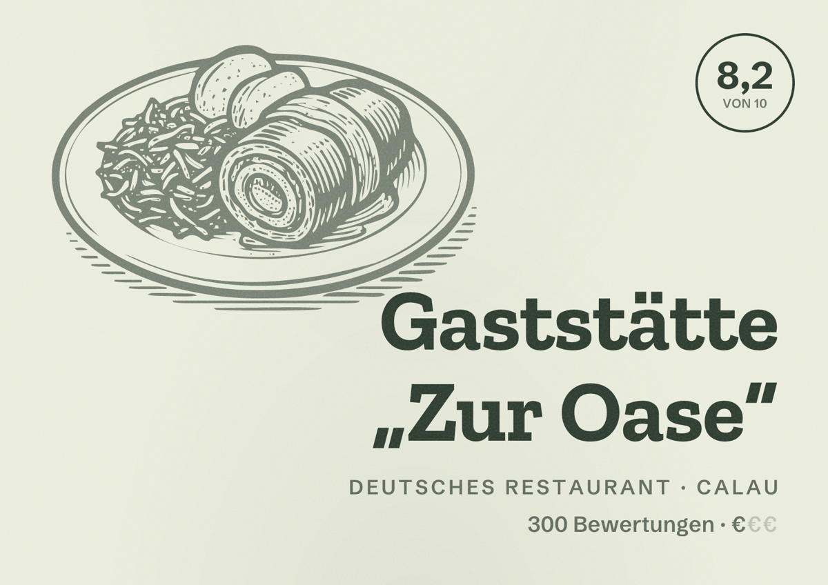 Illustriertes Poster von Gaststätte „Zur Oase“, Deutsches Restaurant in Calau: Bewertung 8,2 von 10 aus 300 Bewertungen, Preisniveau €