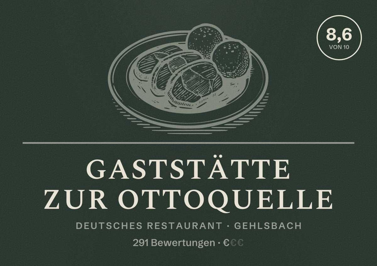 Illustriertes Poster von Gaststätte Zur Ottoquelle, Deutsches Restaurant in Gehlsbach: Bewertung 8,6 von 10 aus 291 Bewertungen, Preisniveau €