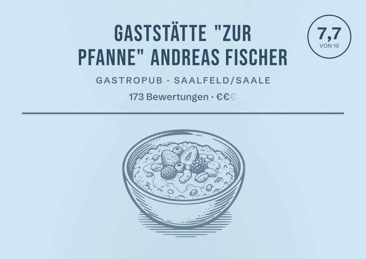 Illustriertes Poster von Gaststätte "Zur Pfanne" Andreas Fischer, Gastropub in Saalfeld/Saale: Bewertung 7,7 von 10 aus 173 Bewertungen, Preisniveau €€