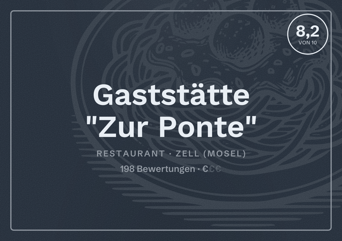 Illustriertes Poster von Gaststätte "Zur Ponte", Restaurant in Zell (Mosel): Bewertung 8,2 von 10 aus 198 Bewertungen, Preisniveau €