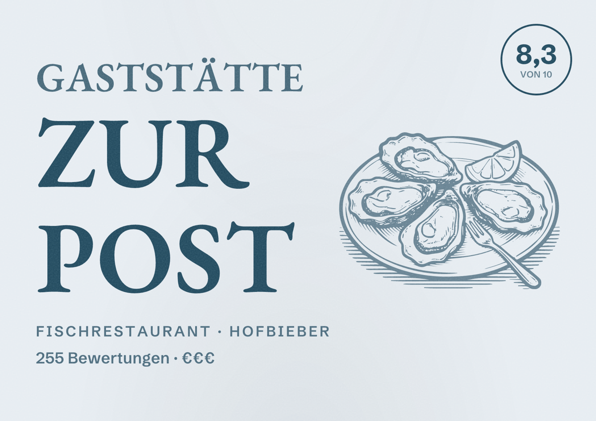Illustriertes Poster von Gaststätte Zur Post, Fischrestaurant in Hofbieber: Bewertung 8,3 von 10 aus 255 Bewertungen, Preisniveau €€€