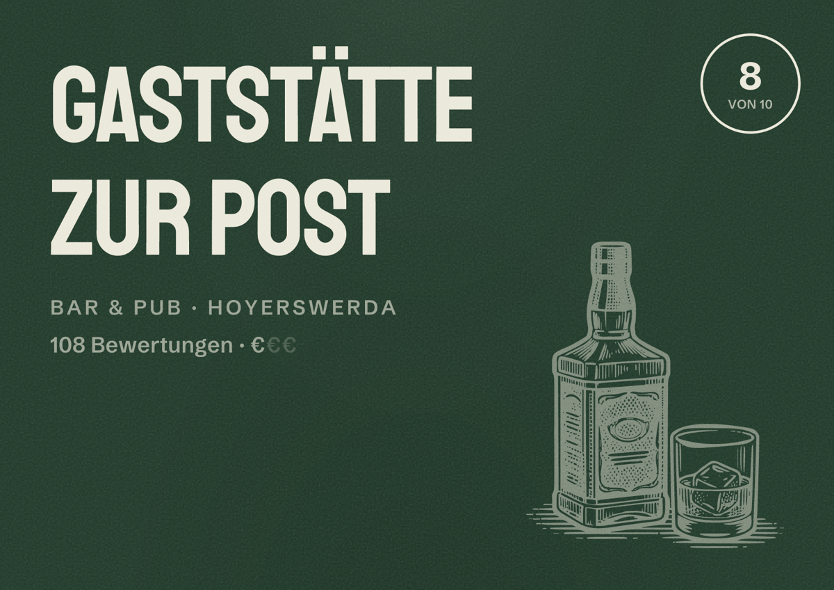 Illustriertes Poster von Gaststätte Zur Post, Bar & Pub in Hoyerswerda: Bewertung 8 von 10 aus 108 Bewertungen, Preisniveau €