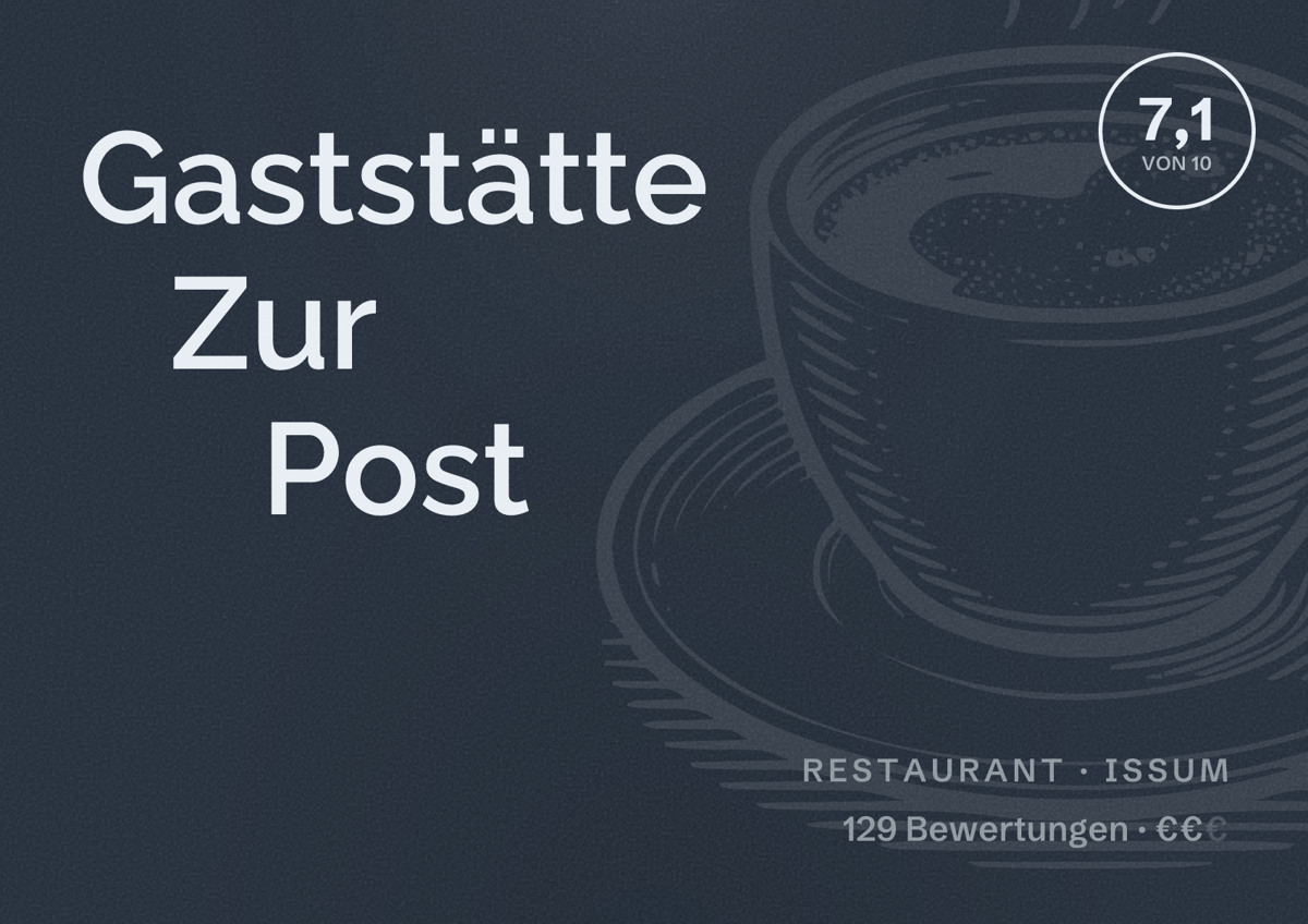 Illustriertes Poster von Gaststätte Zur Post, Restaurant in Issum: Bewertung 7,1 von 10 aus 129 Bewertungen, Preisniveau €€