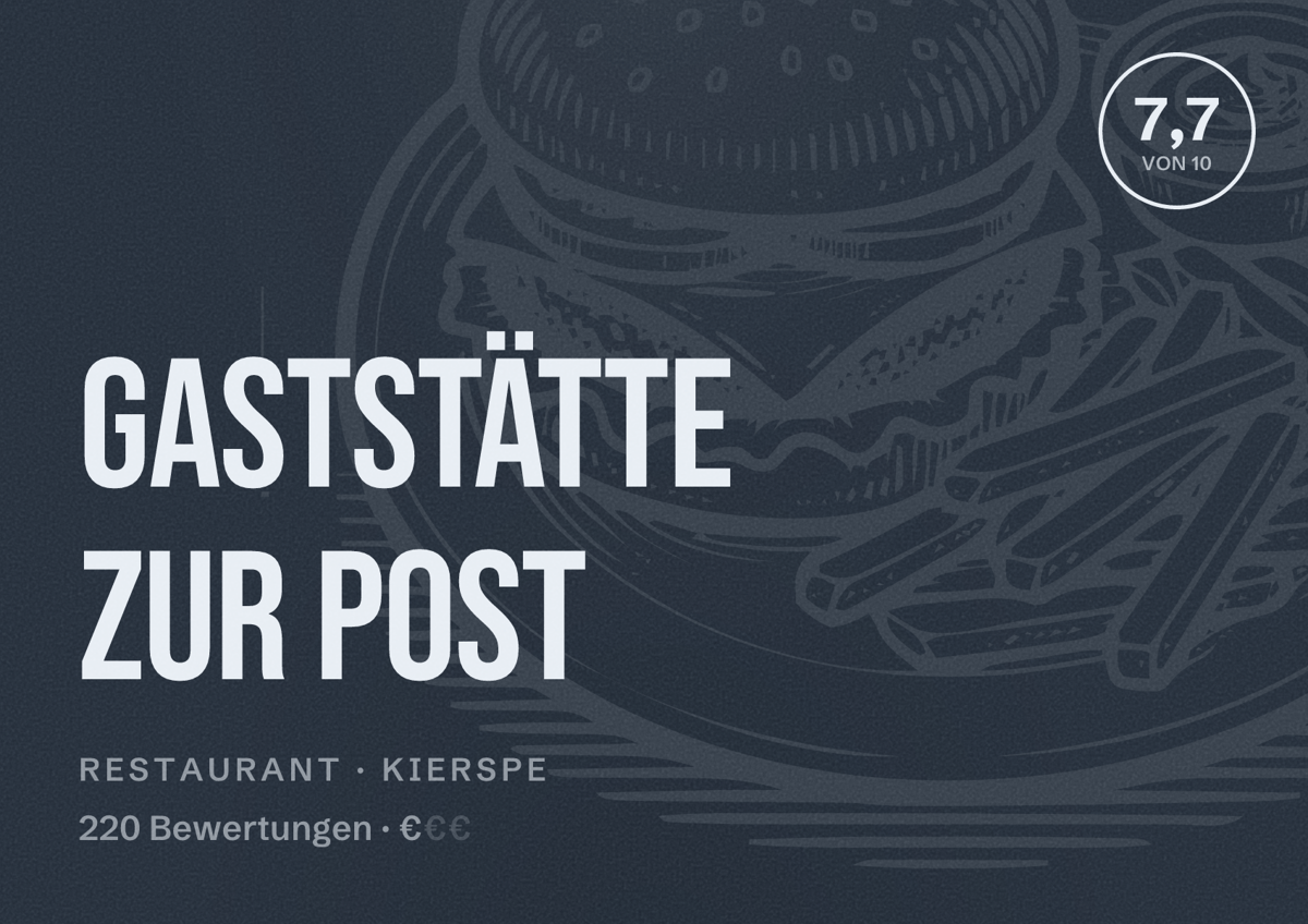Illustriertes Poster von Gaststätte Zur Post, Restaurant in Kierspe: Bewertung 7,7 von 10 aus 220 Bewertungen, Preisniveau €