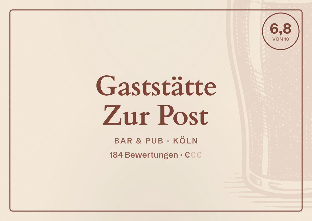 Illustriertes Poster von Gaststätte Zur Post, Bar & Pub in Köln: Bewertung 6,8 von 10 aus 184 Bewertungen, Preisniveau €
