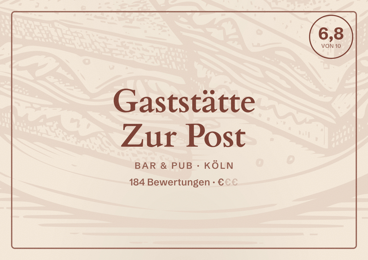 Illustriertes Poster von Gaststätte Zur Post, Bar & Pub in Köln: Bewertung 6,8 von 10 aus 184 Bewertungen, Preisniveau €