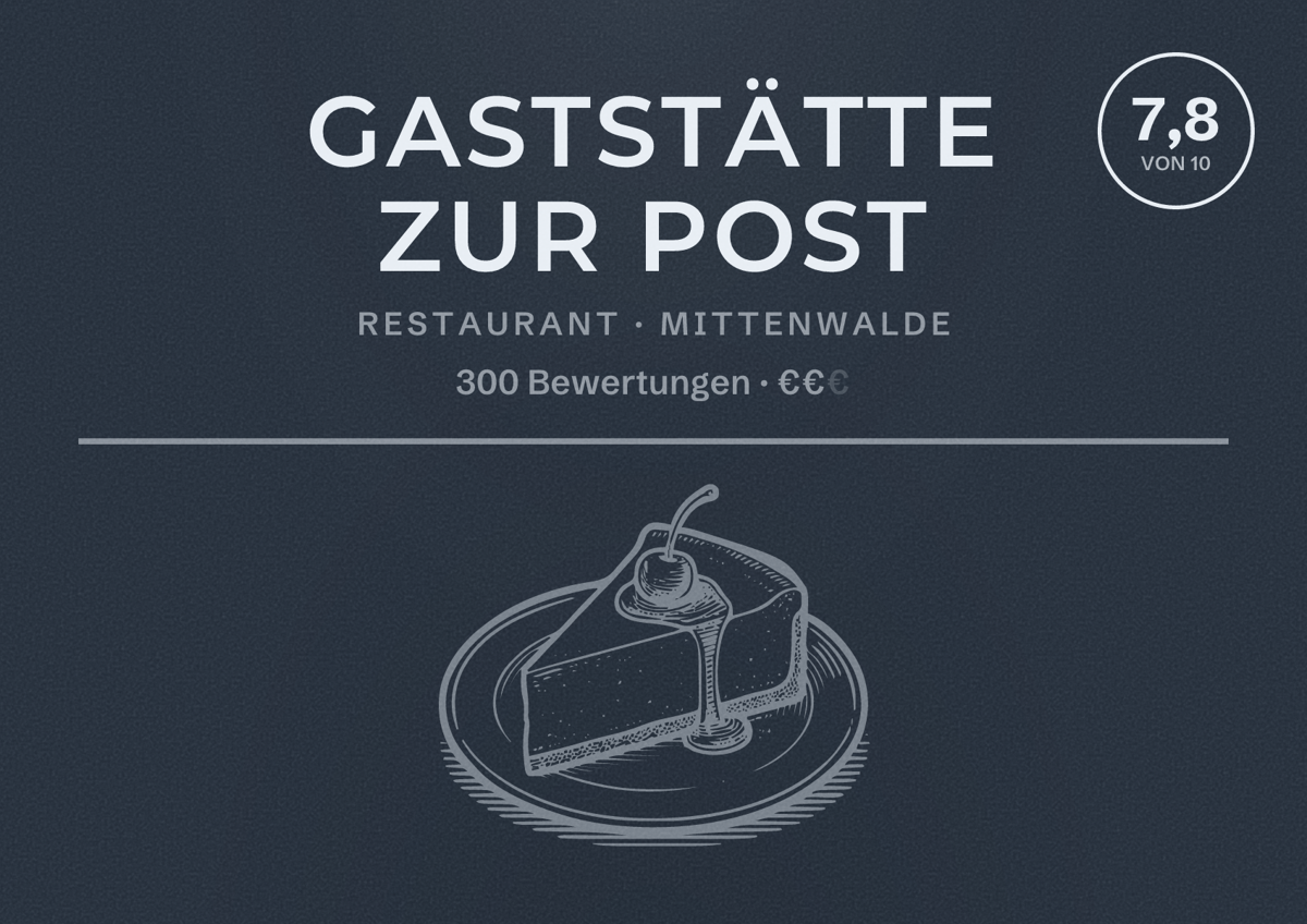Illustriertes Poster von Gaststätte zur Post, Restaurant in Mittenwalde: Bewertung 7,8 von 10 aus 300 Bewertungen, Preisniveau €€