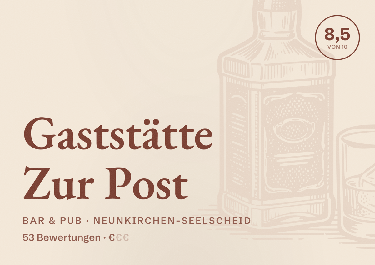 Illustriertes Poster von Gaststätte Zur Post, Bar & Pub in Neunkirchen-Seelscheid: Bewertung 8,5 von 10 aus 53 Bewertungen, Preisniveau €