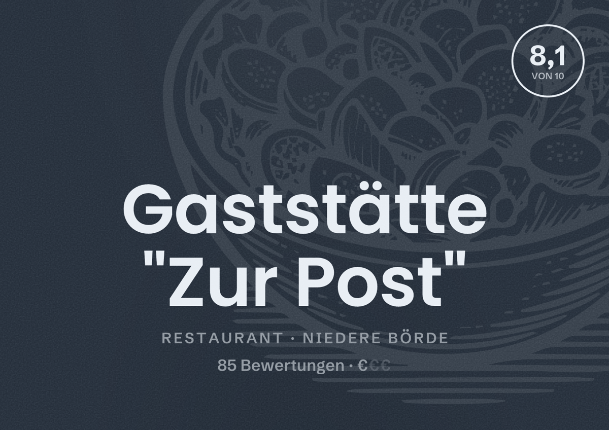 Illustriertes Poster von Gaststätte "Zur Post", Restaurant in Niedere Börde: Bewertung 8,1 von 10 aus 85 Bewertungen, Preisniveau €