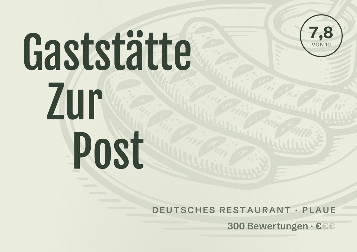Illustriertes Poster von Gaststätte Zur Post, Deutsches Restaurant in Plaue: Bewertung 7,8 von 10 aus 300 Bewertungen, Preisniveau €